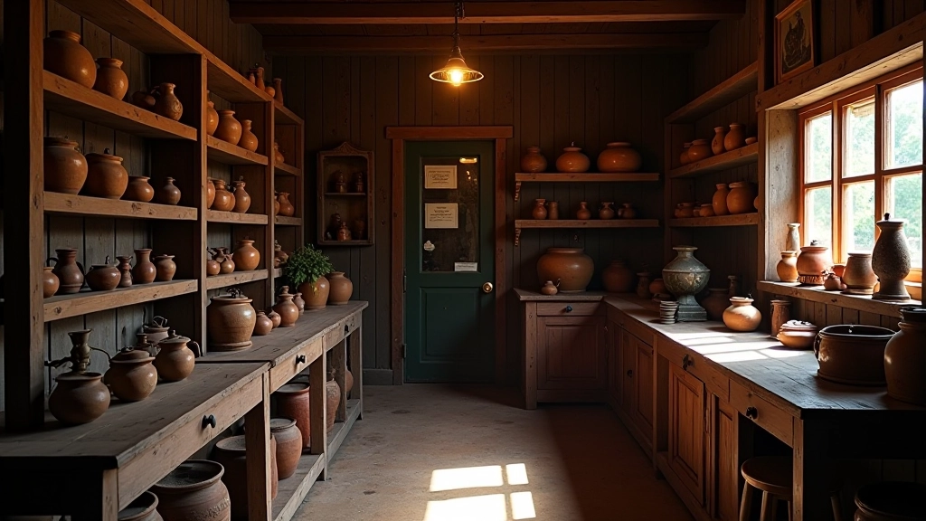 Interior de almacén de campo antiguo con estantes y productos históricos
