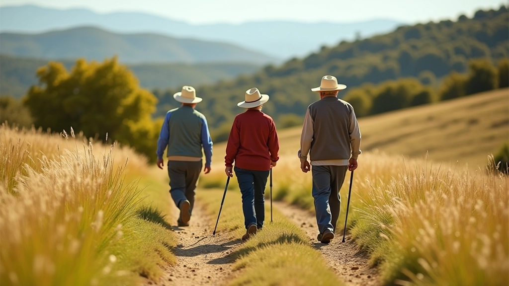 Adultos mayores caminando en sendero rural con paisaje de campo abierto